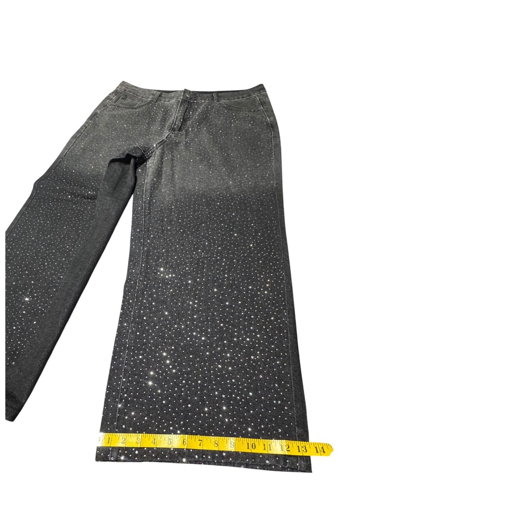 ANEWSTA Jeans Womens 1XL Rhinestone Denim Statemnt Black Wide Leg Festival Curve - Picture 5 of 12